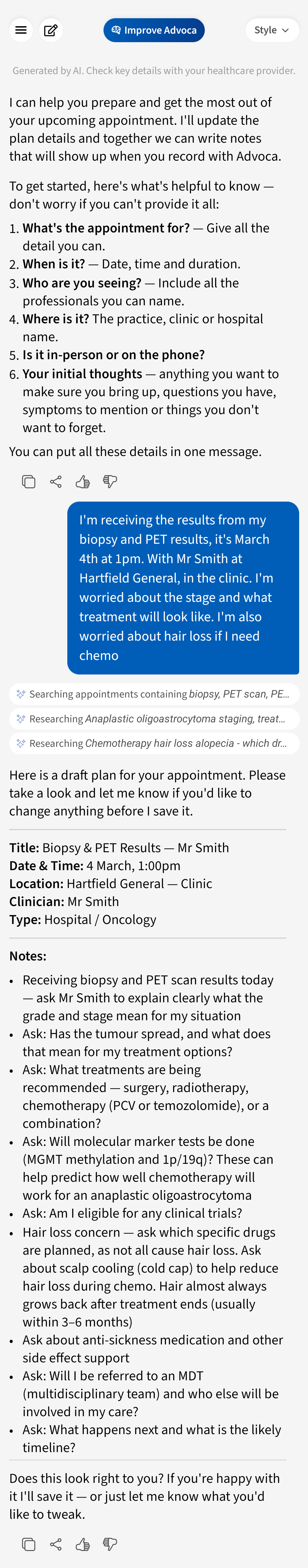 Advoca Plan Appointment screen — schedule upcoming appointments with reminders and notes