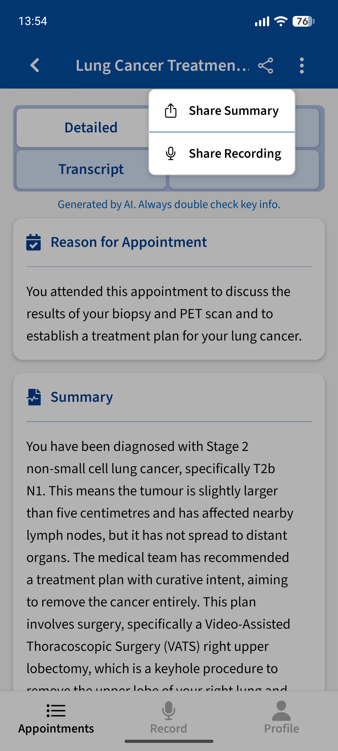 Advoca Summary screen — plain-language summary of your appointment