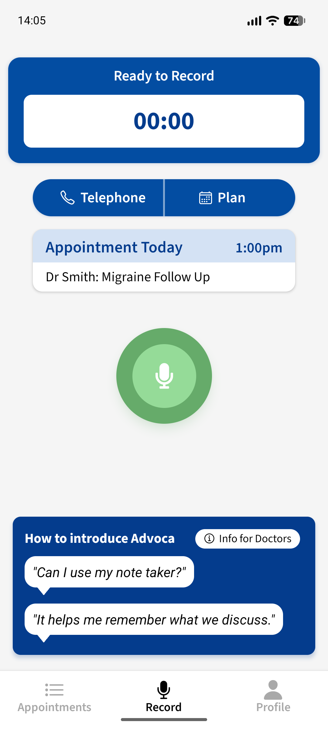 Appointment summary showing migraine treatment review with sections