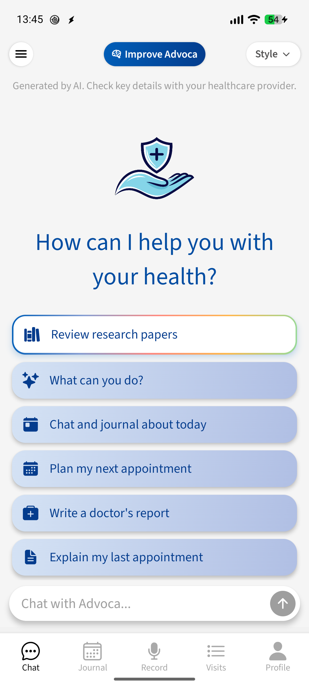Advoca chat home screen showing suggested health questions