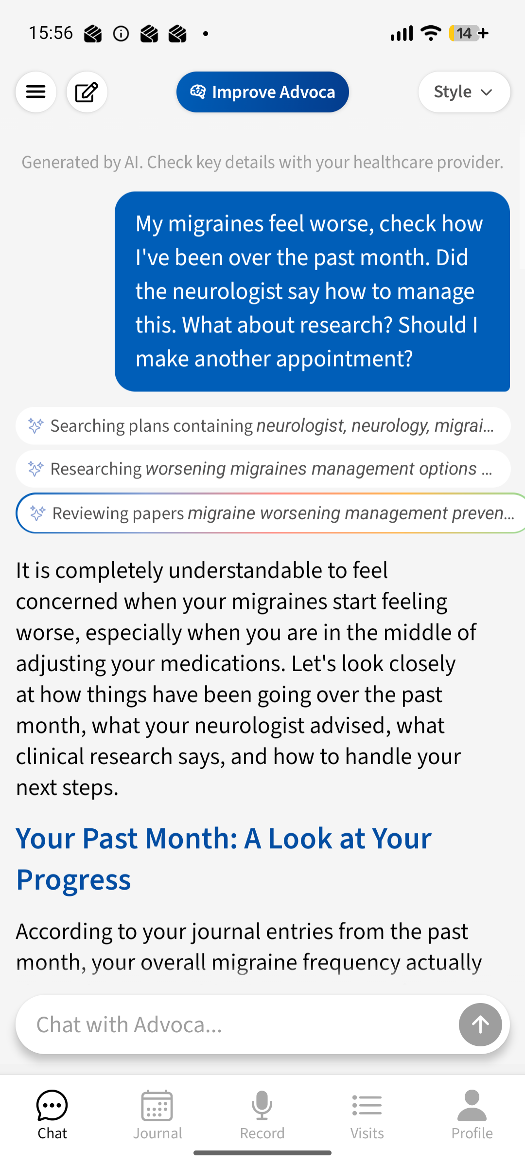 Chat answering a worsening-migraine question, drawing on the user's plans and journal alongside published research