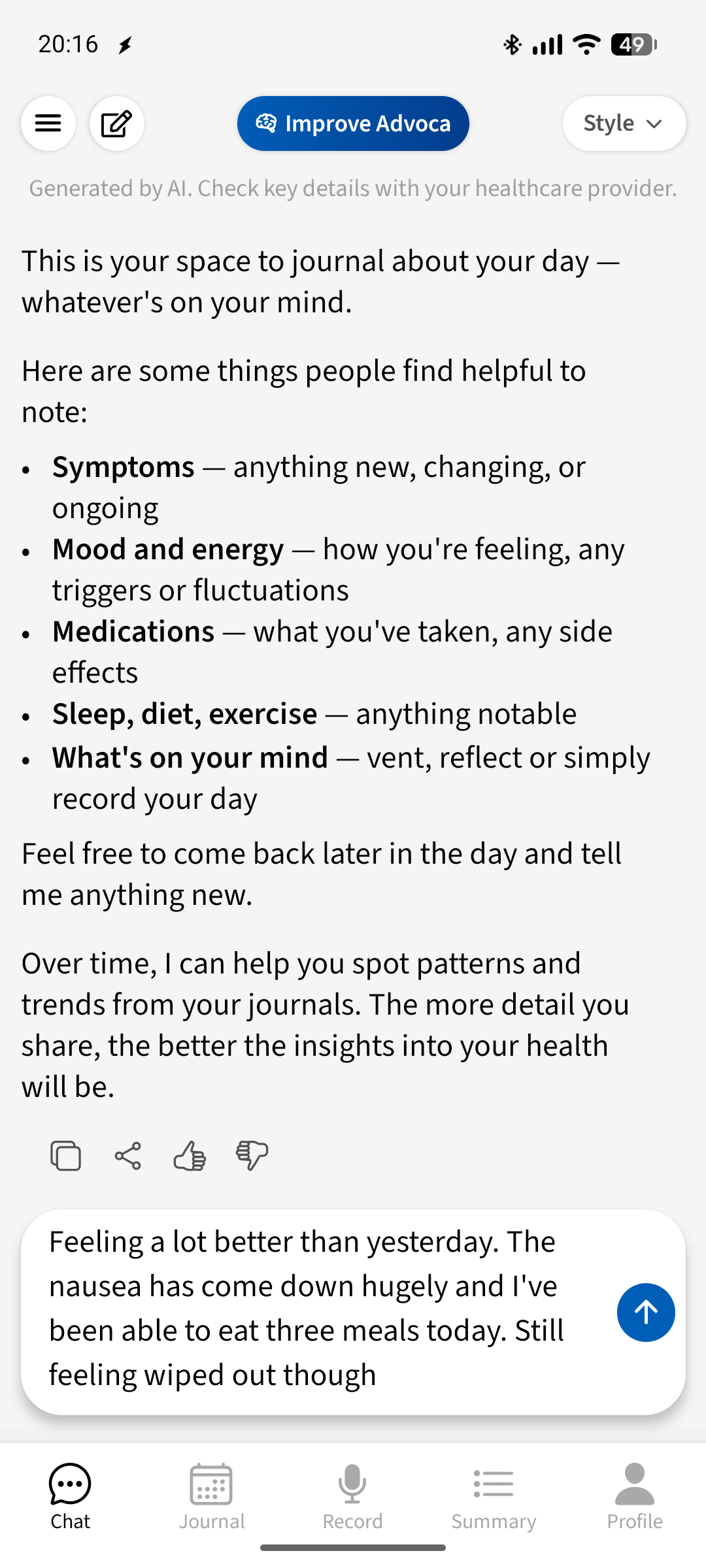 Health journal chat entry logging a migraine day
