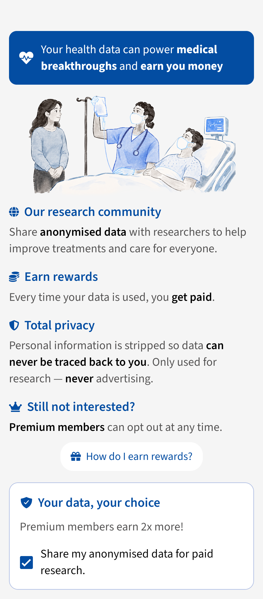 Research community overview showing rewards and privacy